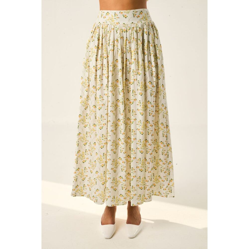 LA MAREGOLD Sz M Medium Amelia Maxi Skirt Vine Floral Yellow White Cotton NWT